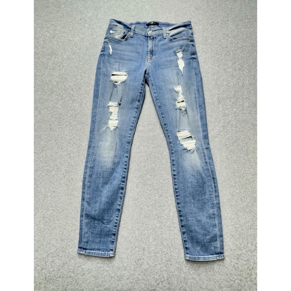 7 For All Mankind Skinny Jeans Womens 28 Blue Med Wash Mid Rise Distressed